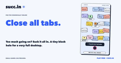 Close All Tabs game: a black hole swallows work windows while a chai cup must be protected.