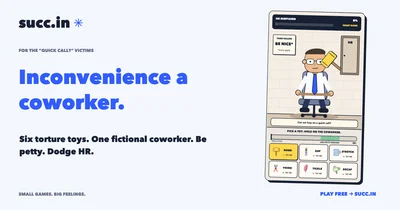 Inconvenience a Coworker game: a fictional cartoon office character, six toy controls and an HR suspicion meter.